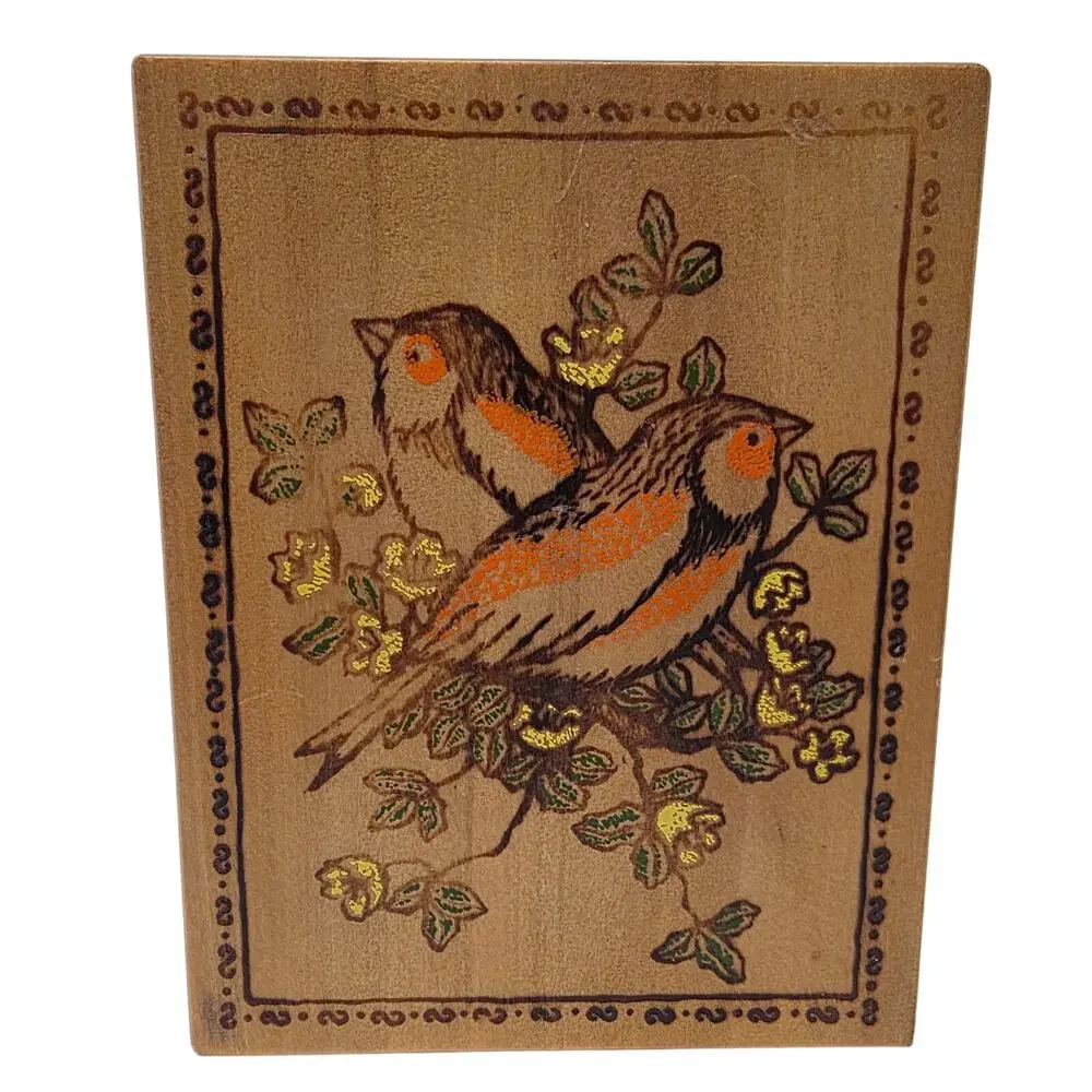 Vintage Sankyo Music Box Love Story Theme Wooden Jewelry Trinket Box Birds